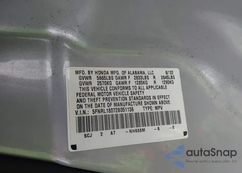 2002 Honda Odyssey Ex-L из США, поврежденный, VIN 5FNRL18072B051136